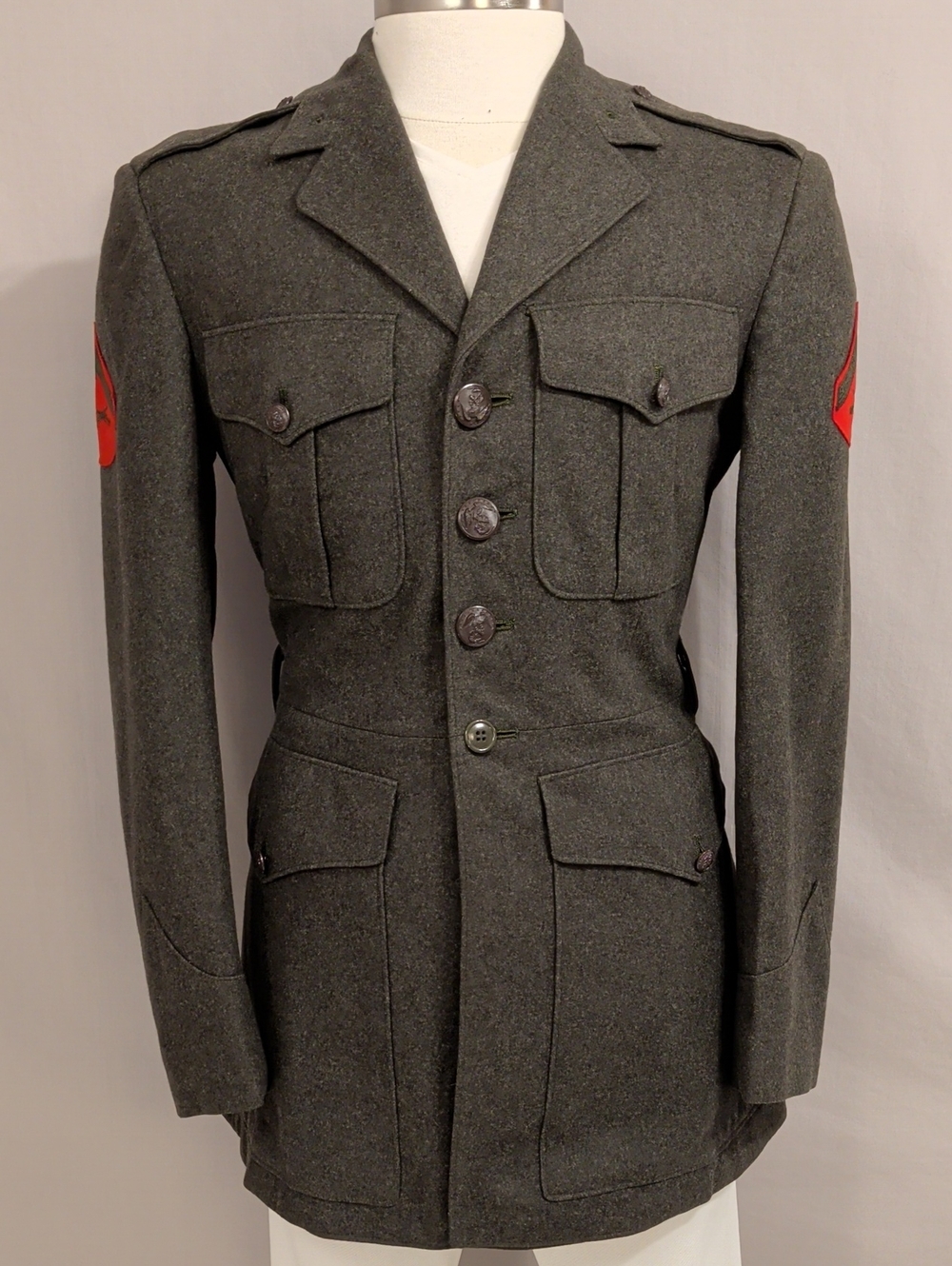 Vintage Men's Military Wool Field Jacket in Kersey Green w Red Patches 38L Good